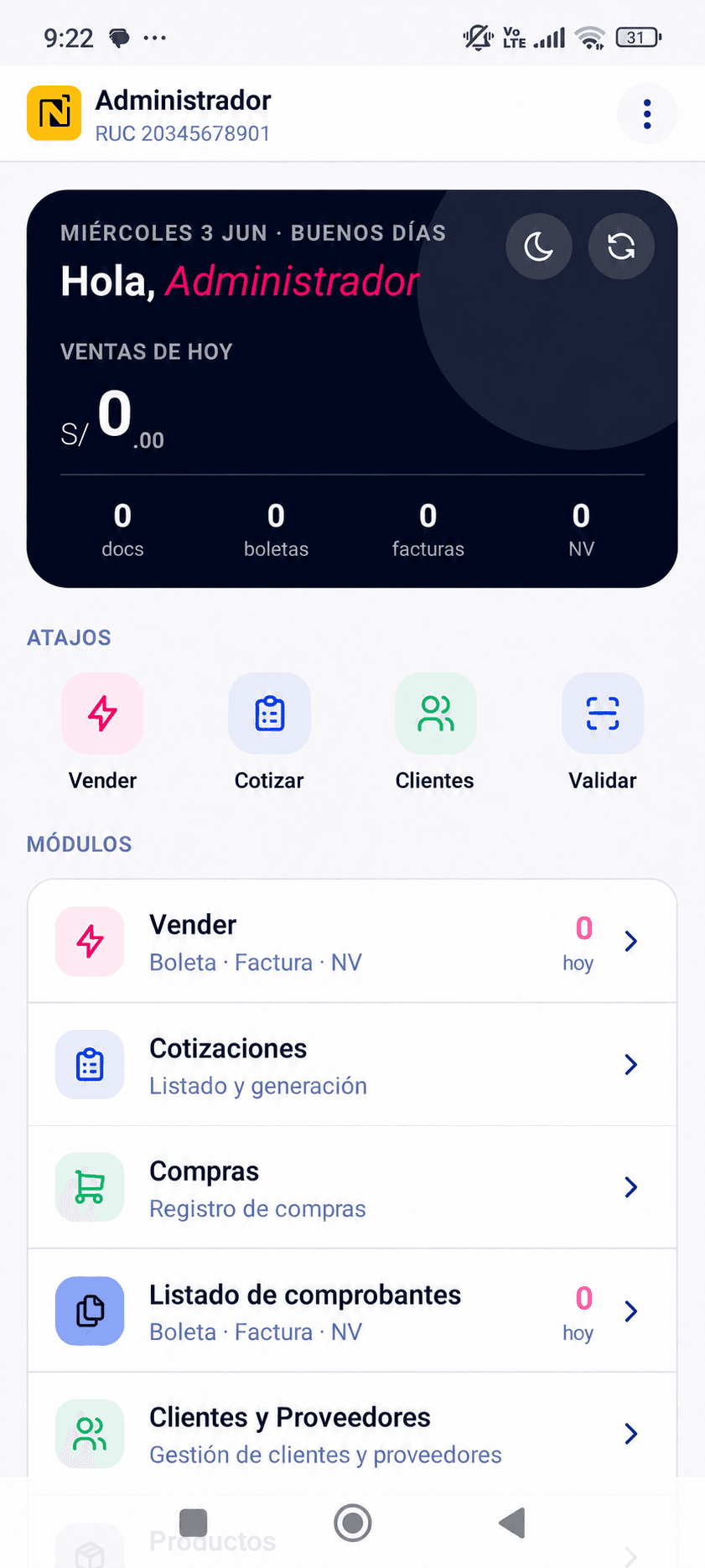App admin móvil de Norte Go: dashboard de ventas del día y accesos rápidos